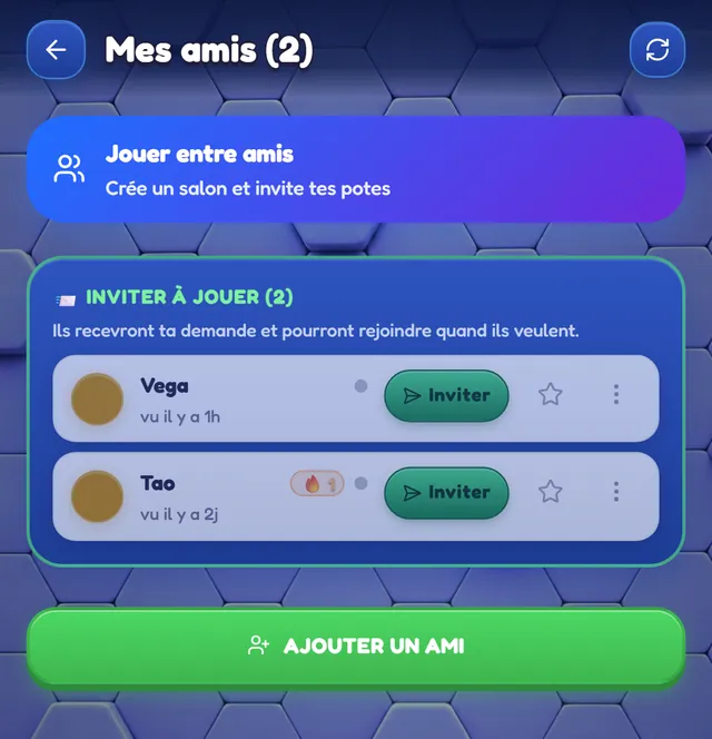 Écran Amis de QuizDash : inviter des amis à jouer et créer un salon.